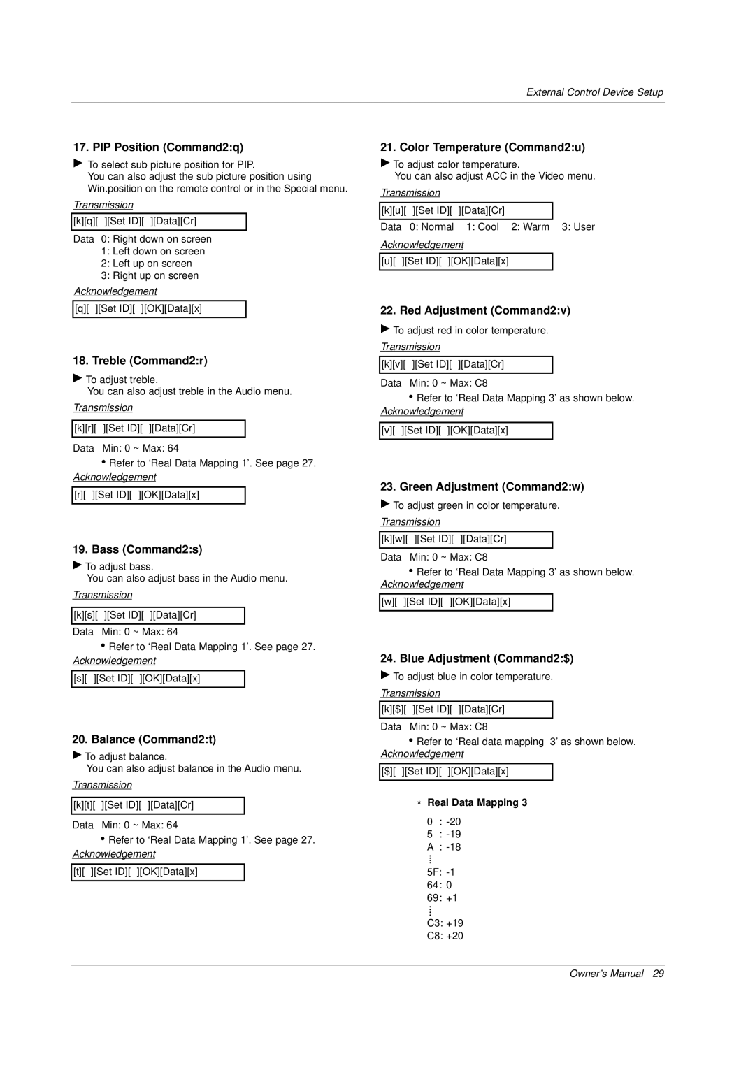 LG Electronics MU-60PZ30, MU-60PZ30A, MU-60PZ30B, MU-60PZ30K PIP Position Command2q, Treble Command2r, Bass Command2s 