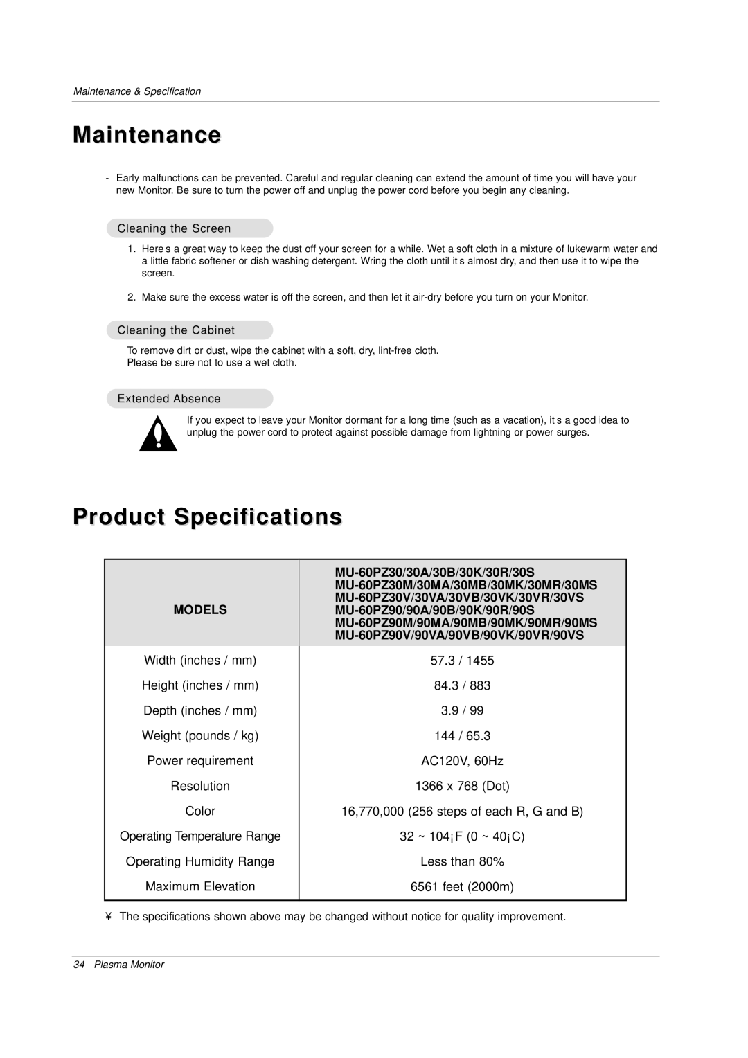 LG Electronics MU-60PZ30, MU-60PZ30A, MU-60PZ30B, MU-60PZ30K owner manual Maintenance, Product Specifications 