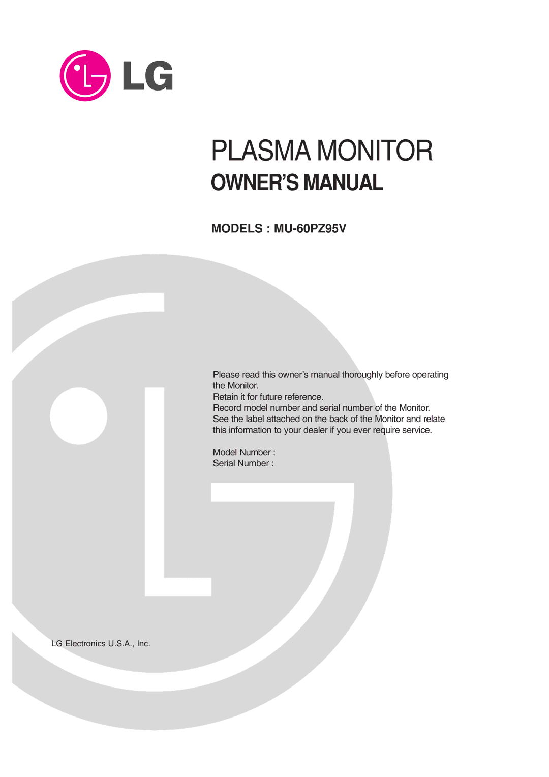 LG Electronics MU-60PZ95V owner manual Plasma Monitor, LG Electronics U.S.A., Inc 