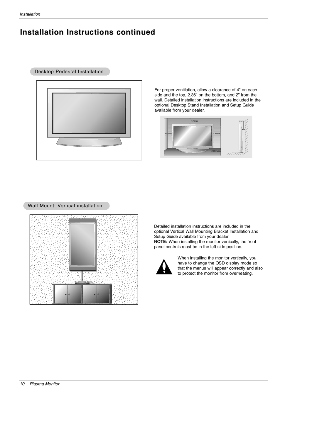 LG Electronics MU-60PZ95V owner manual Desktop Pedestal Installation, Wall Mount Vertical installation 