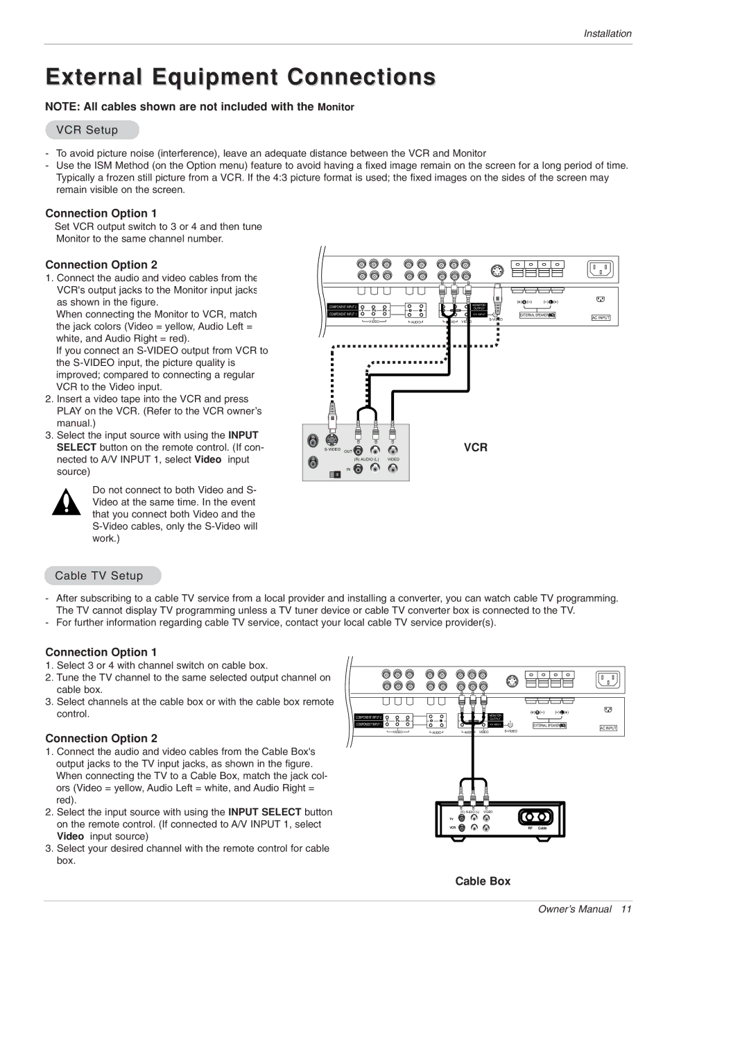 LG Electronics MU-60PZ95V External Equipment Connections, VCR Setup, Connection Option, Cable TV Setup, Cable Box 