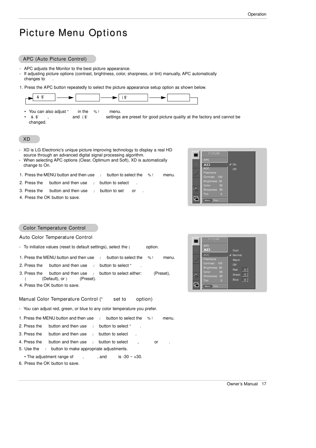 LG Electronics MU-60PZ95V owner manual Picture Menu Options, APC Auto Picture Control, Color Temperature Control 