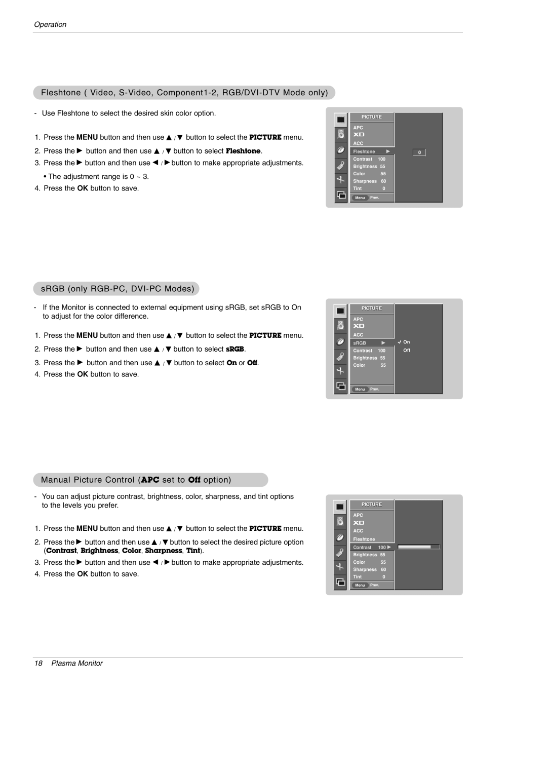 LG Electronics MU-60PZ95V owner manual SRGB only RGB-PC, DVI-PC Modes, Manual Picture Control APC set to Off option 