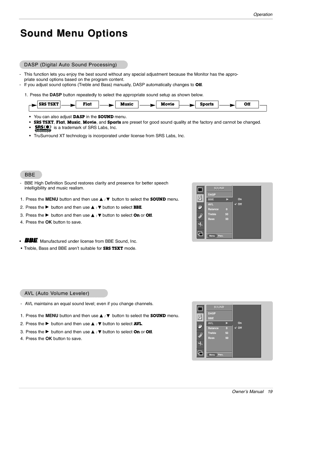 LG Electronics MU-60PZ95V owner manual Sound Menu Options, Dasp Digital Auto Sound Processing, AVL Auto Volume Leveler 