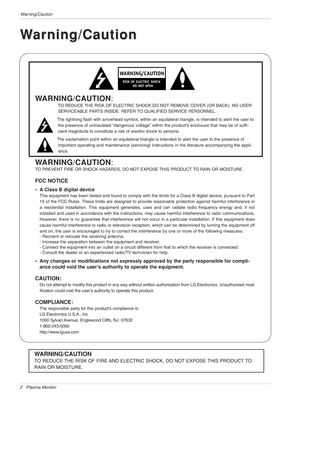 LG Electronics MU-60PZ95V owner manual FCC Notice, Class B digital device 