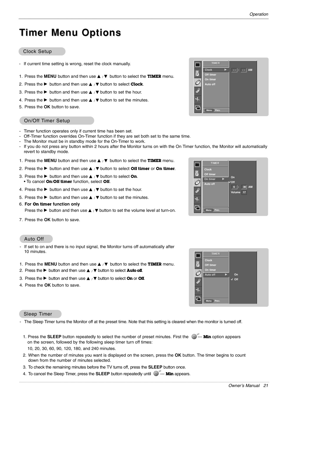 LG Electronics MU-60PZ95V owner manual Timer Menu Options, Clock Setup, On/Off Timer Setup, Auto Off, Sleep Timer 