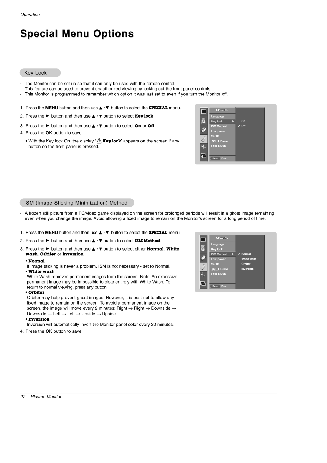 LG Electronics MU-60PZ95V owner manual Special Menu Options, Key Lock, ISM Image Sticking Minimization Method 