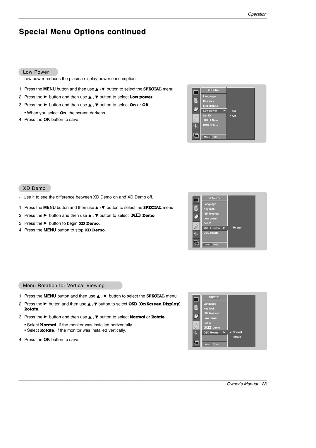 LG Electronics MU-60PZ95V owner manual Low Power, XD Demo, Menu Rotation for Vertical Viewing 