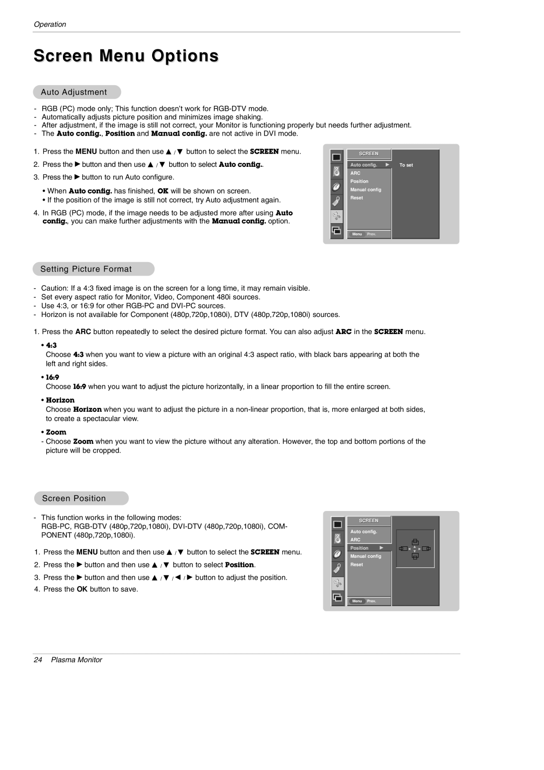 LG Electronics MU-60PZ95V owner manual Screen Menu Options, Auto Adjustment, Setting Picture Format, Screen Position 