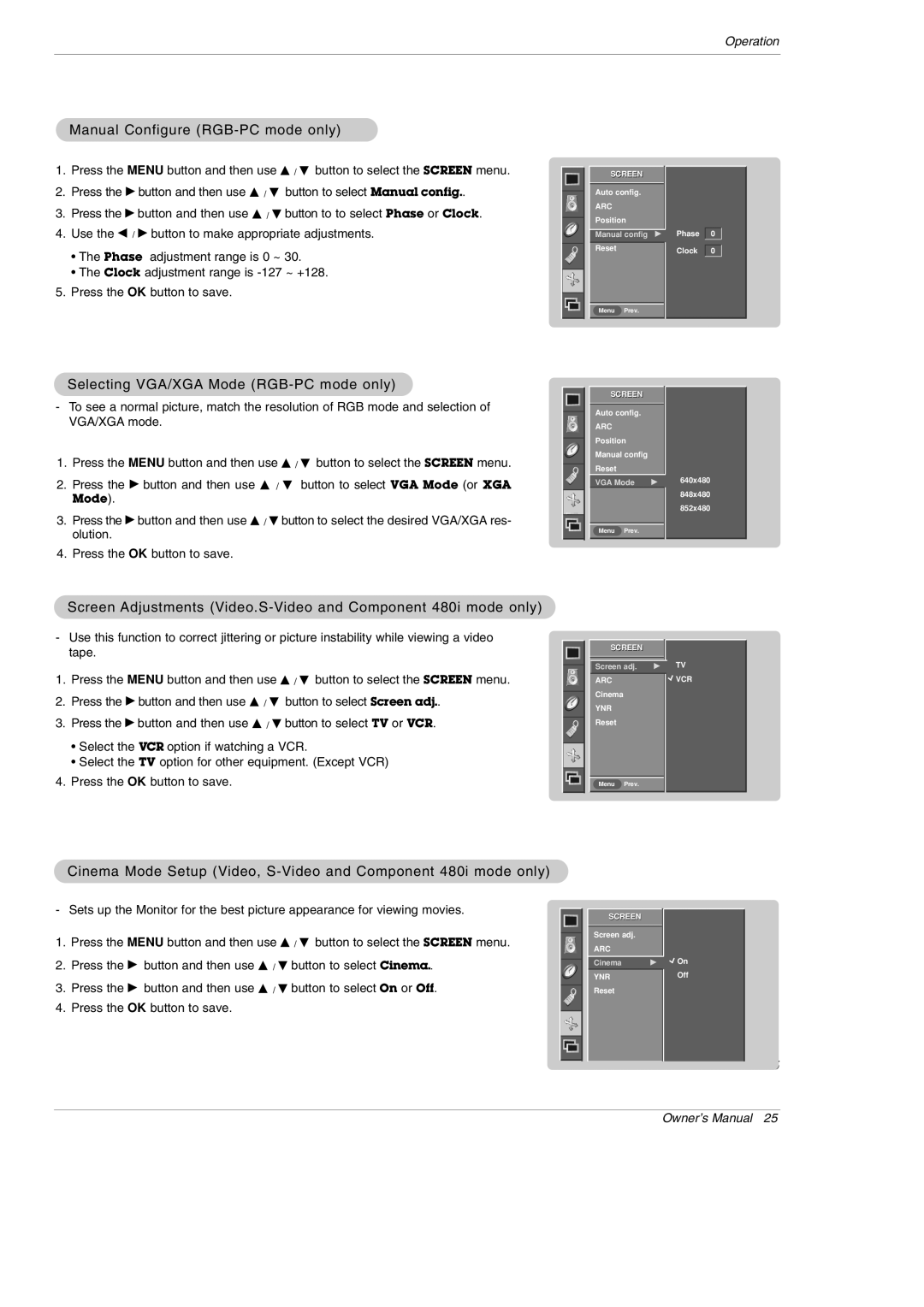 LG Electronics MU-60PZ95V owner manual Manual Configure RGB-PC mode only, Selecting VGA/XGA Mode RGB-PC mode only 