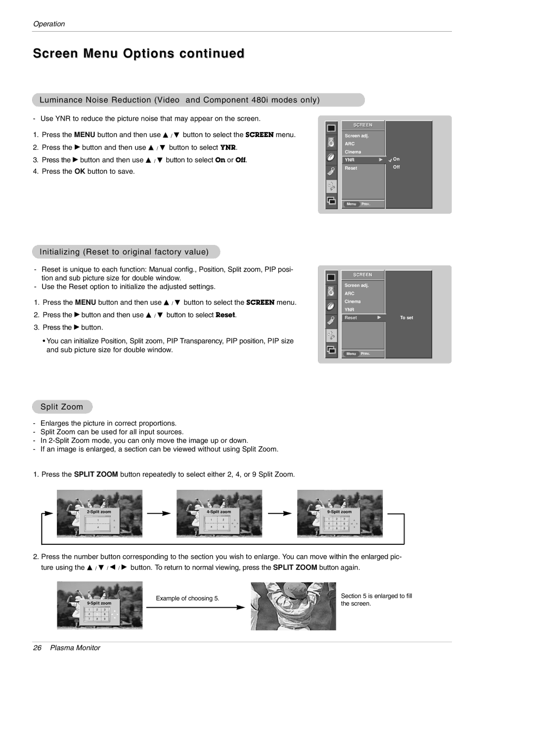 LG Electronics MU-60PZ95V owner manual Initializing Reset to original factory value, Split Zoom 