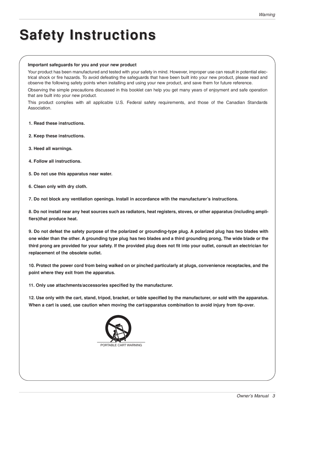 LG Electronics MU-60PZ95V owner manual Safety Instructions, Important safeguards for you and your new product 