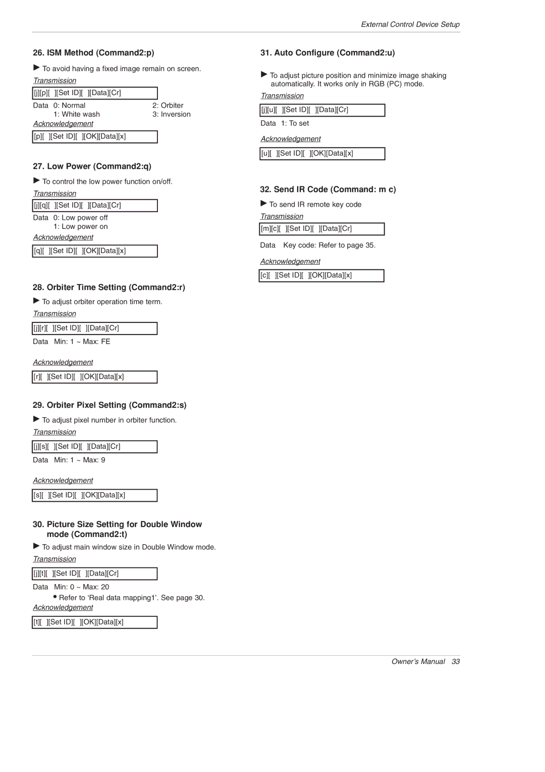 LG Electronics MU-60PZ95V owner manual ISM Method Command2p, Low Power Command2q, Orbiter Time Setting Command2r 