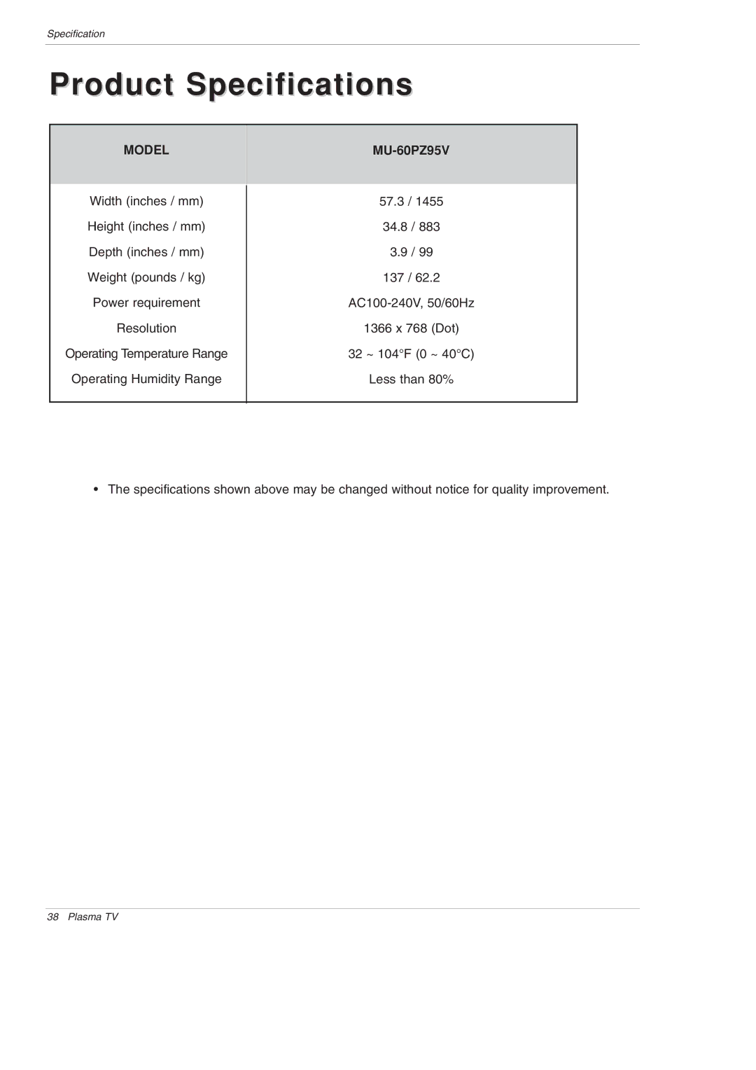 LG Electronics MU-60PZ95V owner manual Product Specifications, Operating Temperature Range 