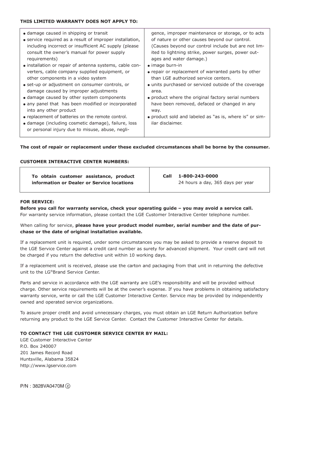 LG Electronics MU-60PZ95V owner manual 3828VA0470M c, This Limited Warranty does not Apply to 