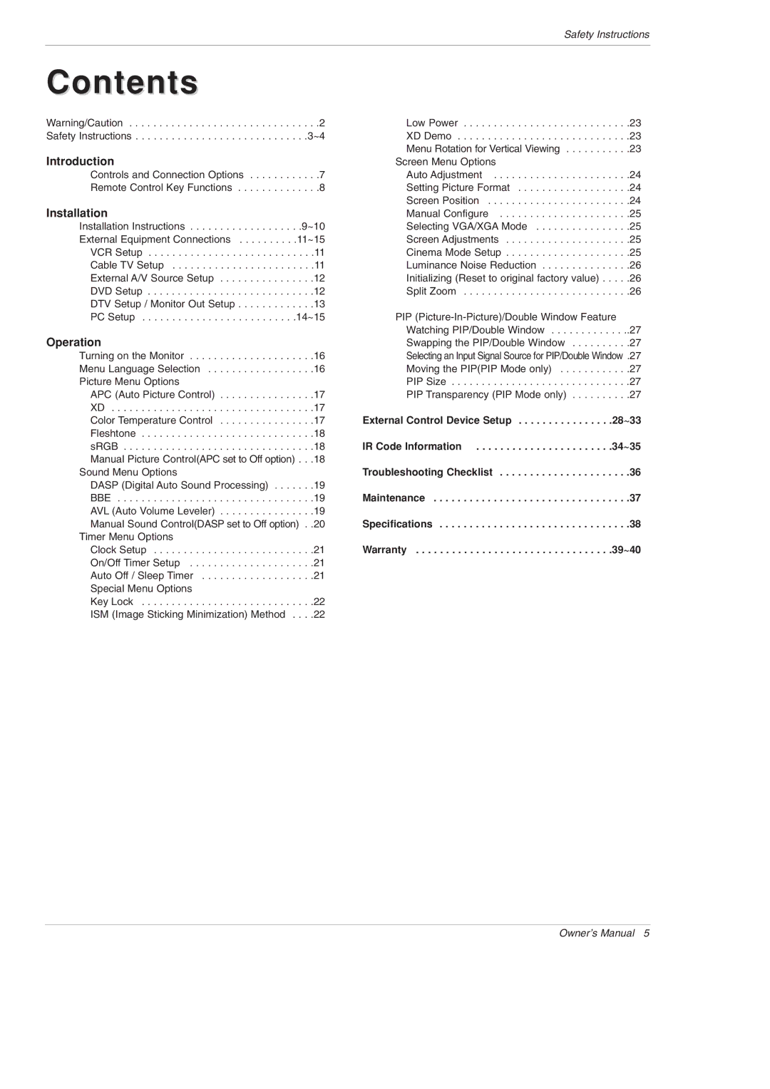 LG Electronics MU-60PZ95V owner manual Contents 