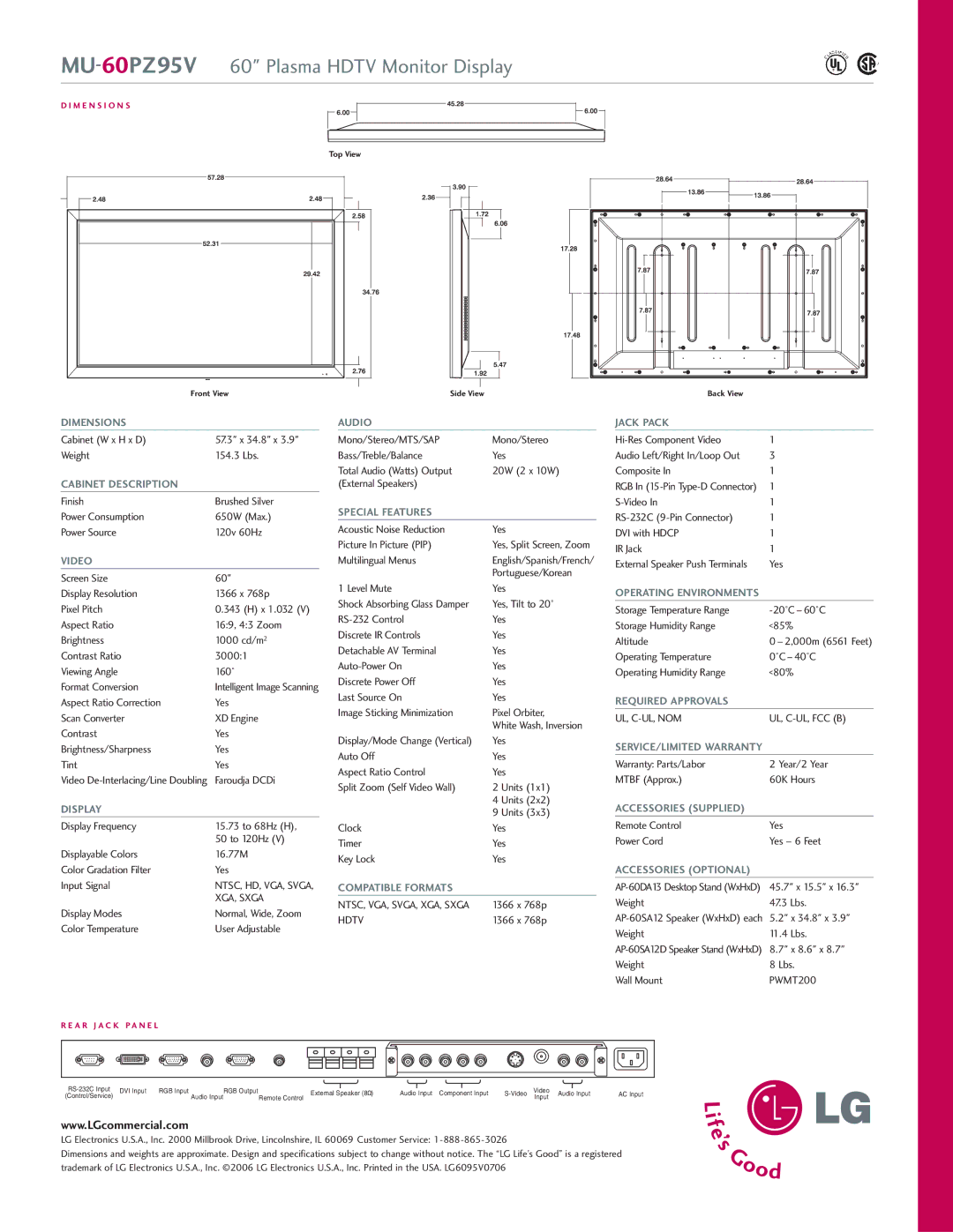 LG Electronics MU 60PZ95V Dimensions, Cabinet Description, Video, Display, Audio, Special Features, Compatible Formats 