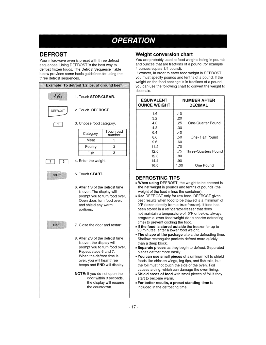 LG Electronics MV-1310B, MV-1310W Weight conversion cha, Equivalent Number After Ounce Weightdecimal, DEFROSTING, Tips 