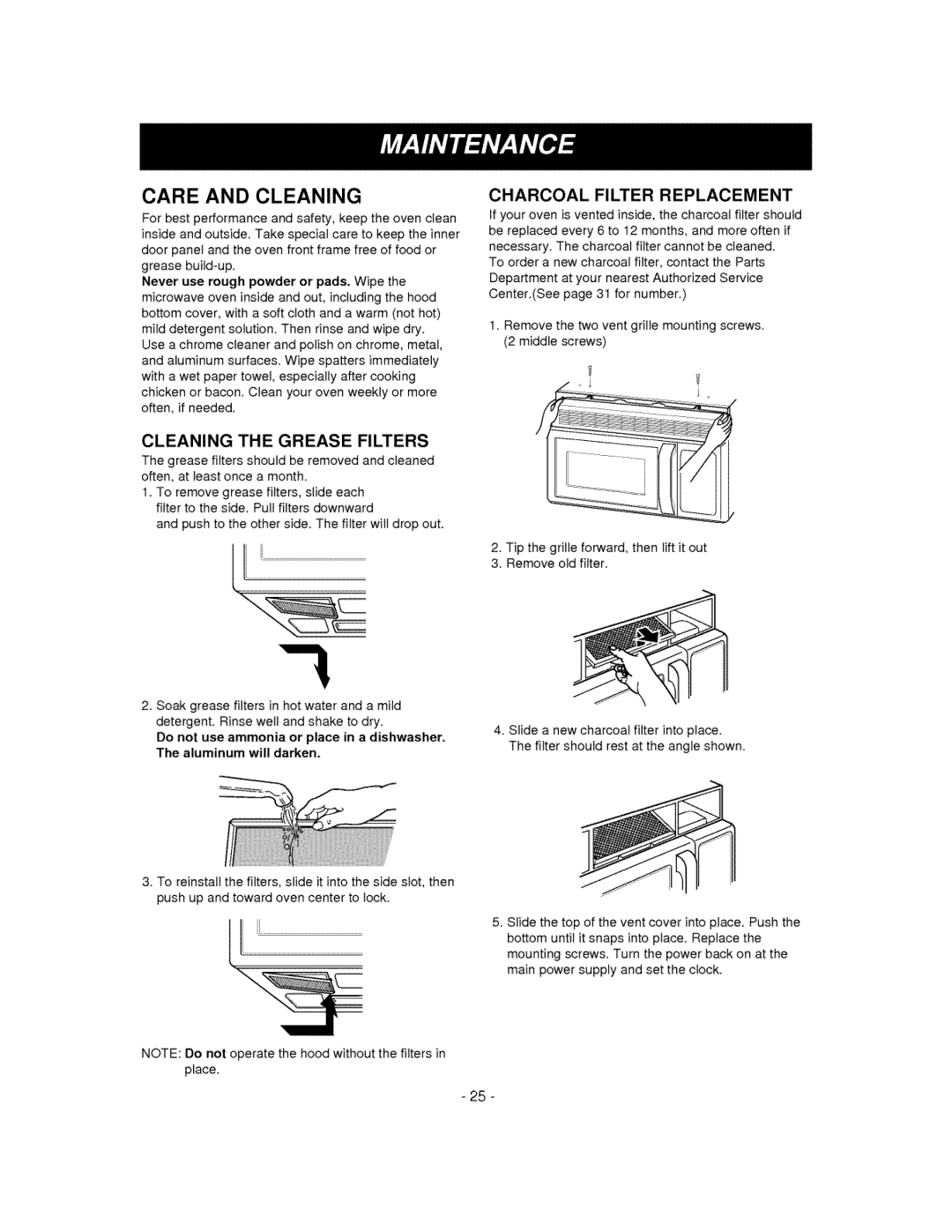 LG Electronics MV-1310B Care and Cleaning, Charcoal Filter Replacement, Cleaning the Grease Filters, Aluminum will darken 