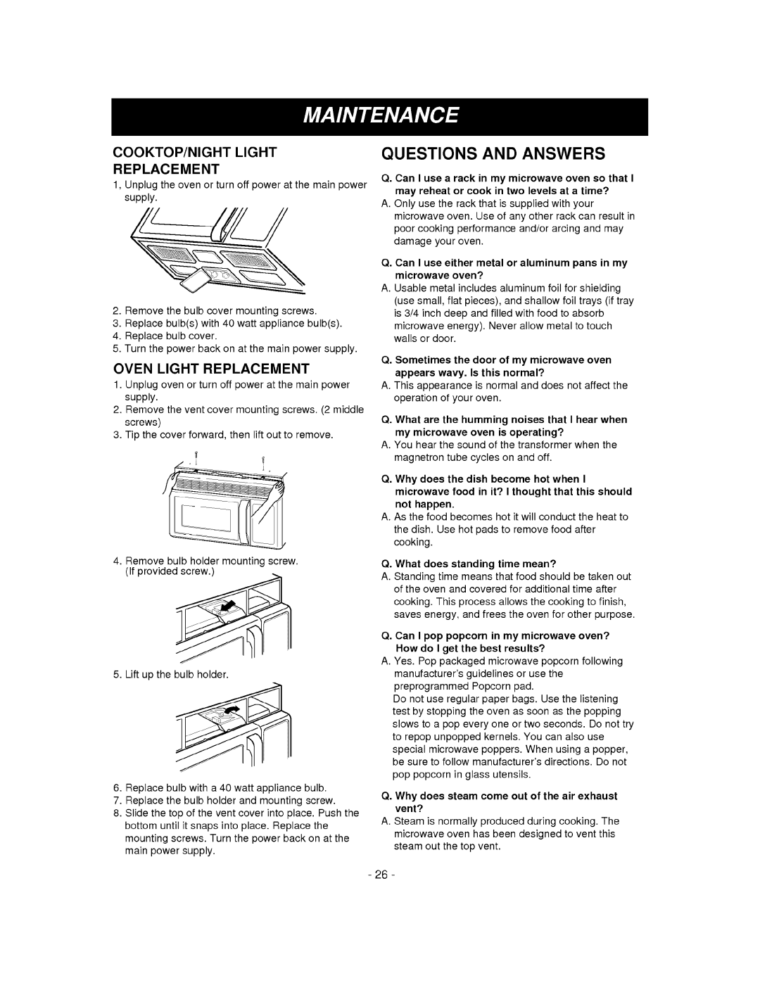 LG Electronics MV-1310W, MV-1310B owner manual Questions and Answers, COOKTOP/NIGHT Light Replacement 