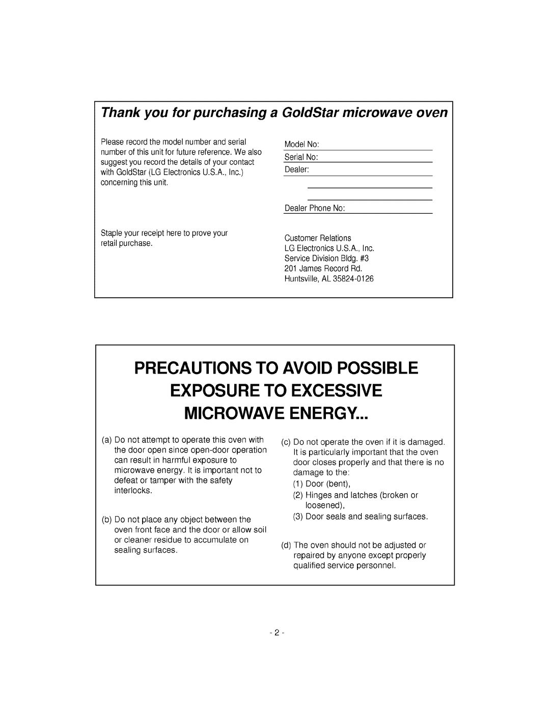 LG Electronics MV-1310W, MV-1310B owner manual Precautions To Avoid Possible, Exposure To Excessive Microwave Energy 
