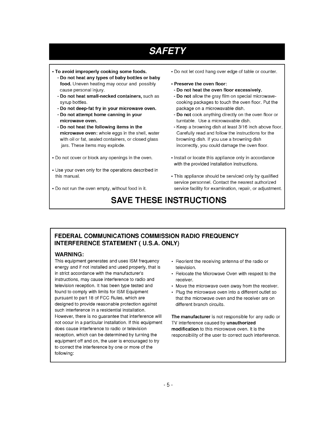 LG Electronics MV-1310B, MV-1310W owner manual Save These Instructions, Federal Communications Commission Radio Frequency 