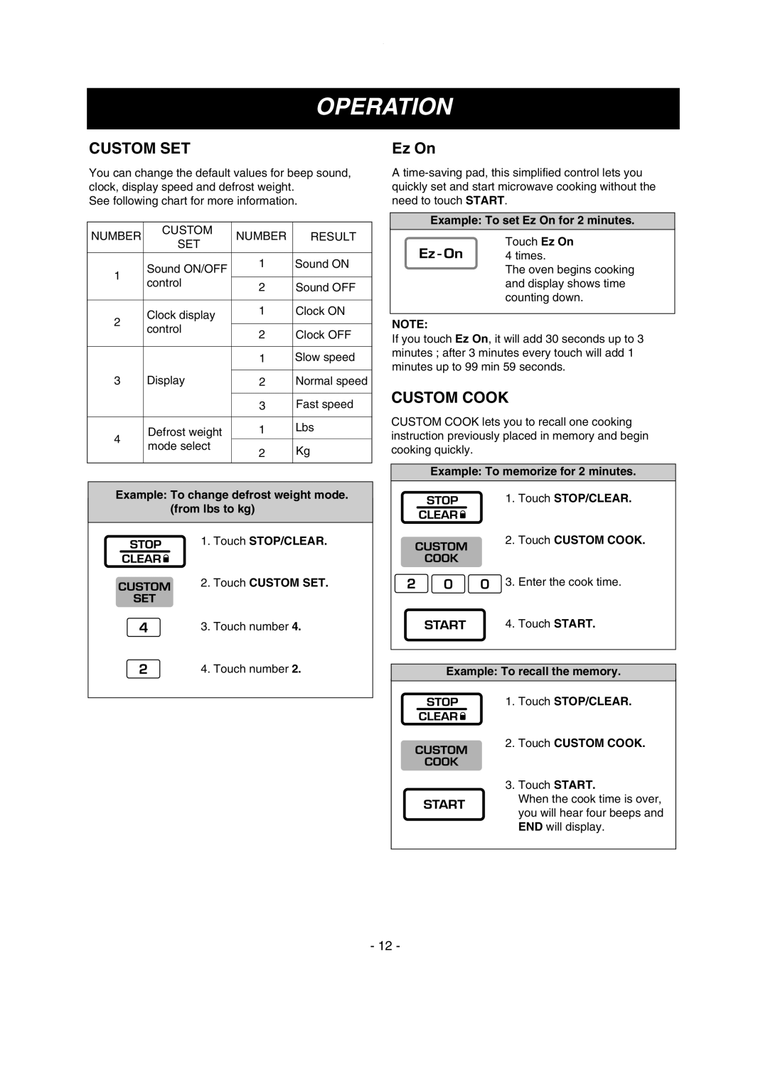 LG Electronics MV1615W, MV1615B Custom SET, Custom Cook, Number Custom Result SET, Example To set Ez On for 2 minutes 