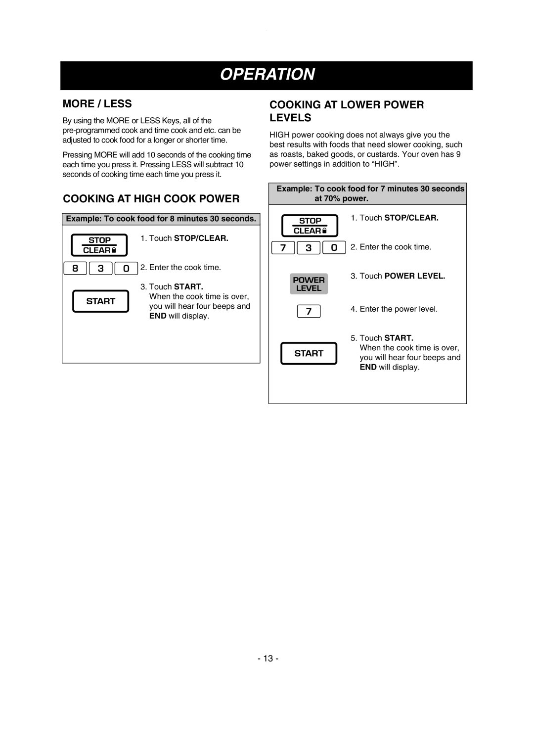 LG Electronics MV1615B, MV1615W More / Less, Cooking AT High Cook Power, Cooking AT Lower Power Levels, Touch Power Level 