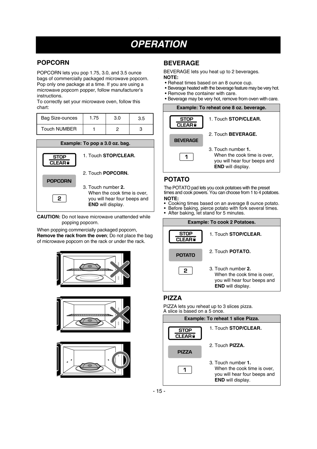 LG Electronics MV1615B, MV1615W owner manual Popcorn, Beverage, Potato, Pizza 