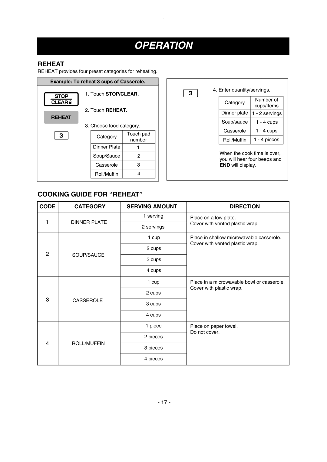 LG Electronics MV1615B, MV1615W owner manual Cooking Guide for Reheat, Code Category Serving Amount Direction 