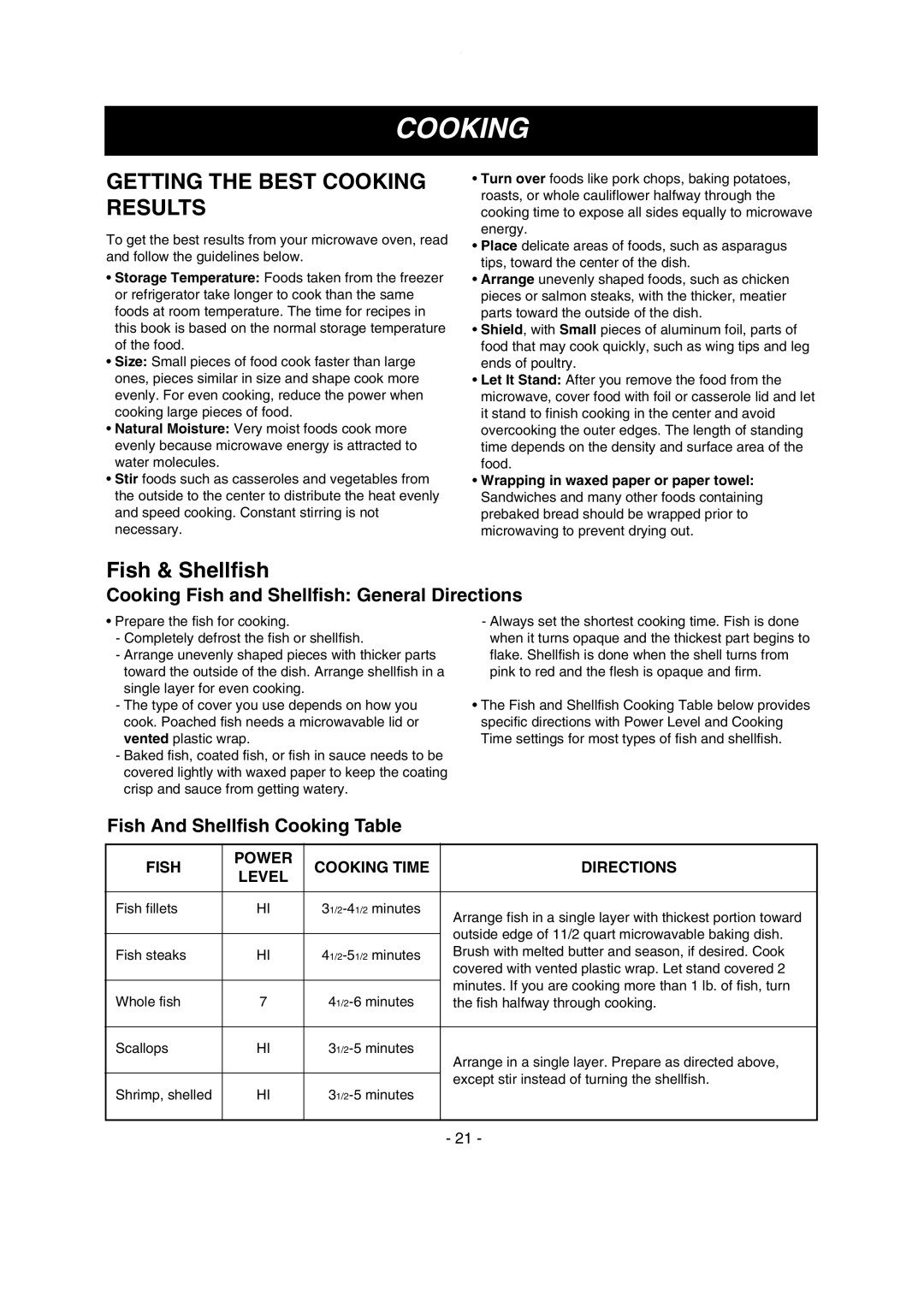 LG Electronics MV1615B, MV1615W Cooking Fish and Shellfish General Directions, Fish And Shellfish Cooking Table 