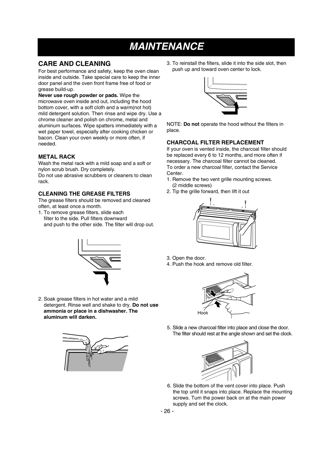 LG Electronics MV1615W, MV1615B owner manual Maintenance, Care and Cleaning, Metal Rack, Cleaning the Grease Filters 