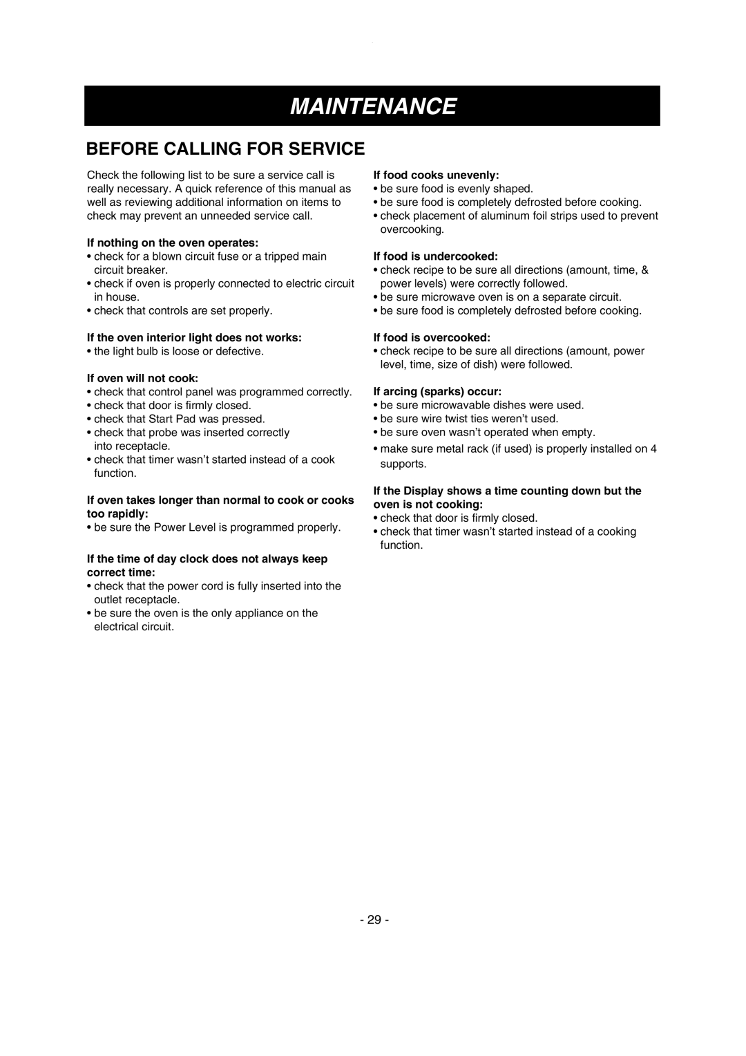 LG Electronics MV1615B If nothing on the oven operates, If the oven interior light does not works, If oven will not cook 