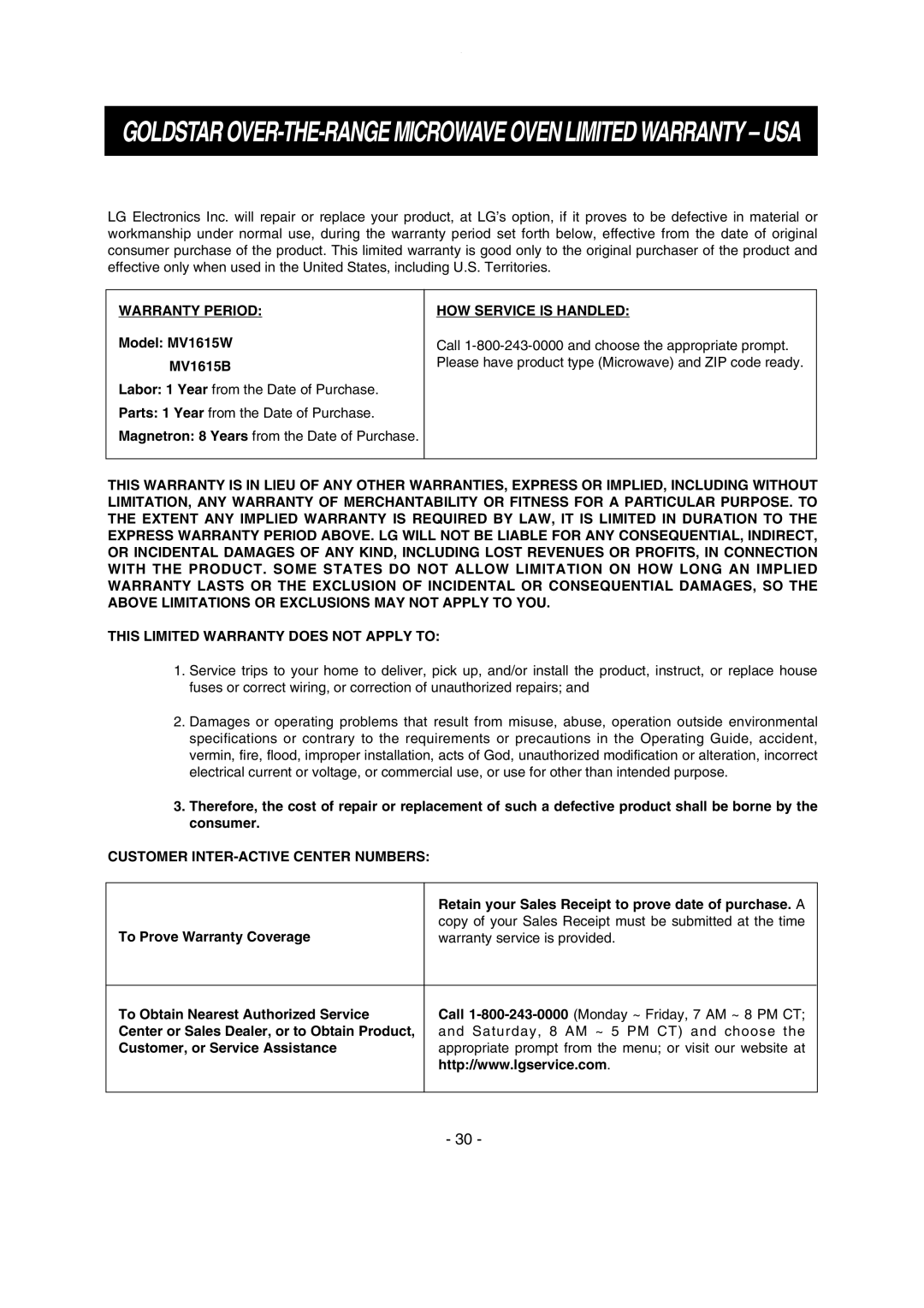 LG Electronics MV1615W, MV1615B owner manual Warranty Period, HOW Service is Handled, Customer INTER-ACTIVE Center Numbers 