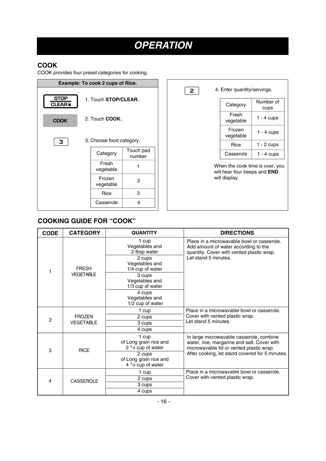 LG Electronics MV1615W, MV1615B owner manual Cooking Guide For “Cook”, Operation, Code, Category, Directions 