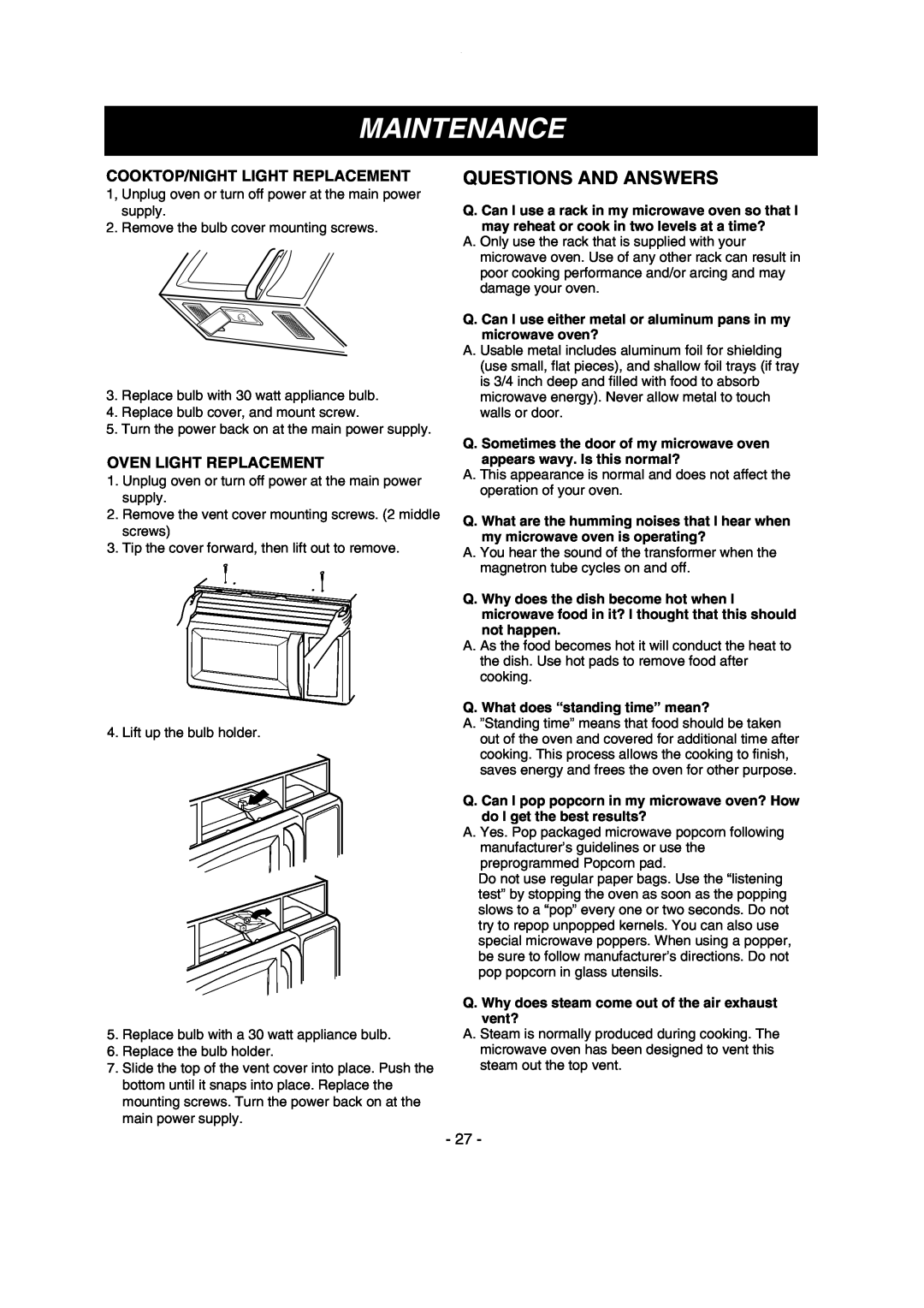 LG Electronics MV1615B Questions And Answers, Maintenance, Cooktop/Night Light Replacement, Oven Light Replacement 