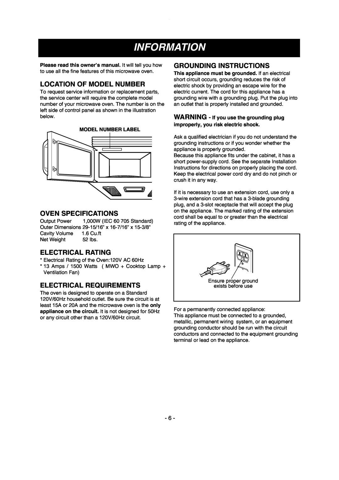 LG Electronics MV1615W, MV1615B owner manual Information, Location Of Model Number, Oven Specifications, Electrical Rating 