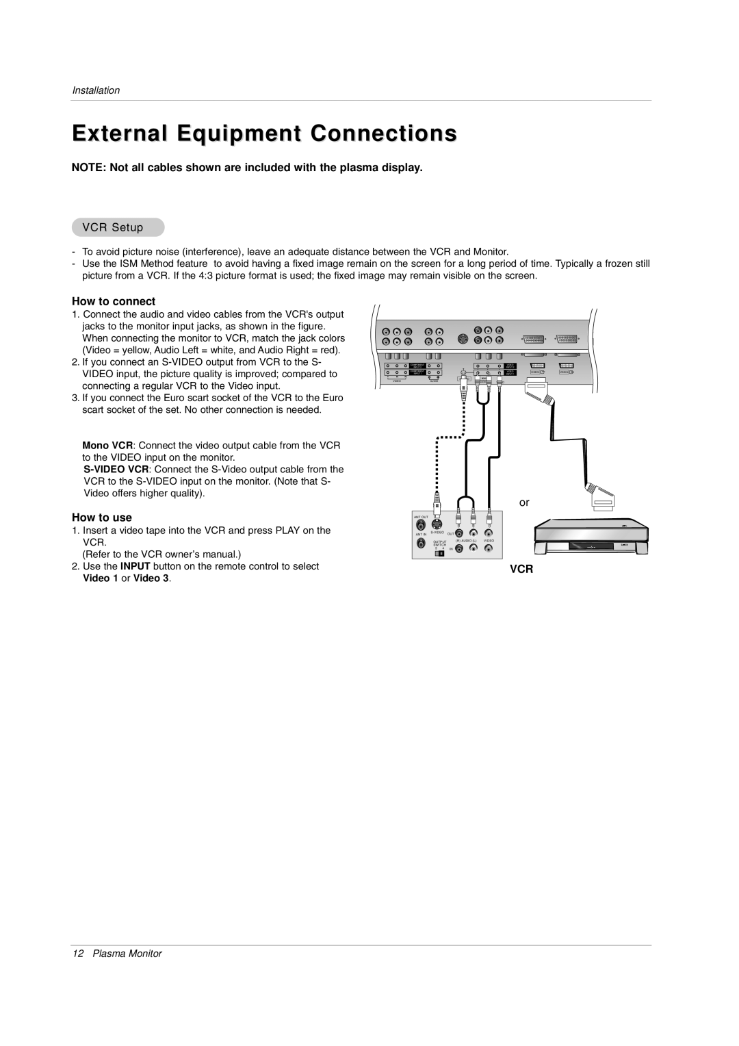 LG Electronics MW 71PY10 External Equipment Connections, VCR Setup, How to connect, How to use, Video 1 or Video 