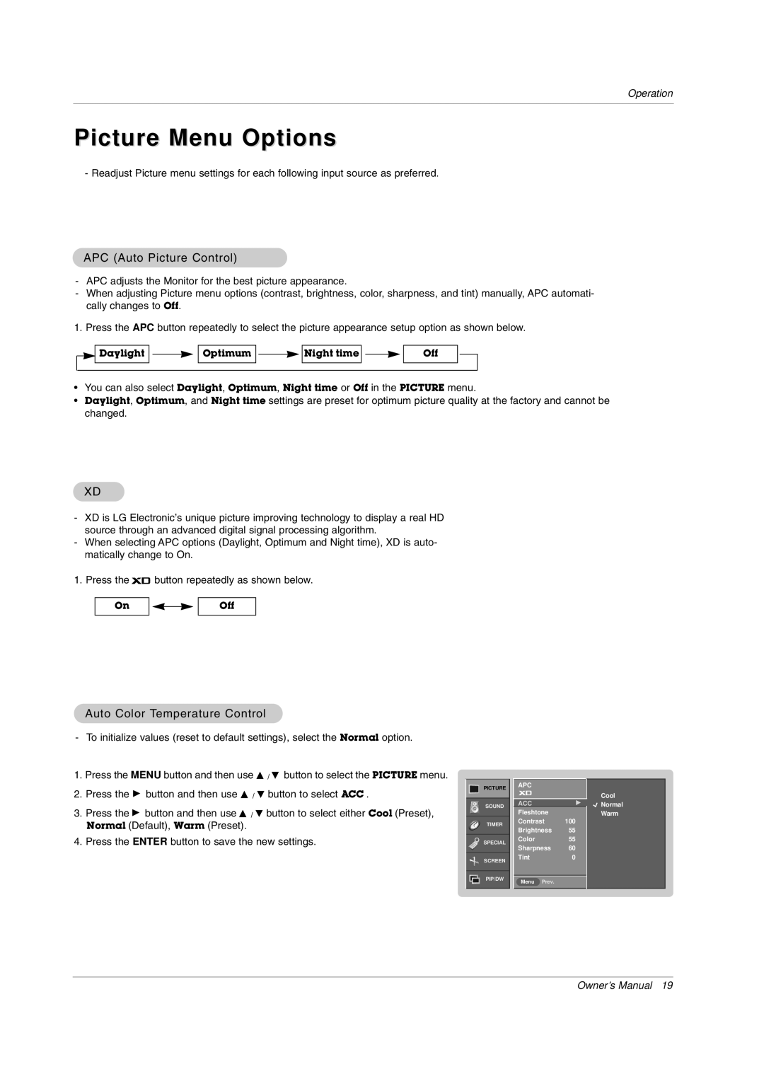 LG Electronics MW 71PY10 owner manual Picture Menu Options, APC Auto Picture Control, Auto Color Temperature Control 