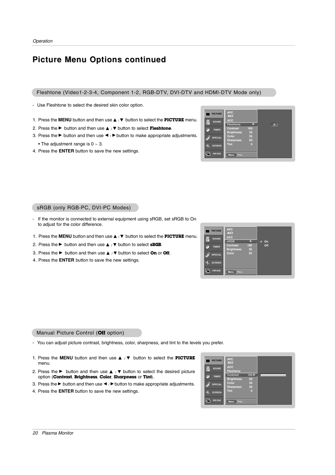 LG Electronics MW 71PY10 owner manual SRGB only RGB-PC, DVI-PC Modes, Manual Picture Control Off option 