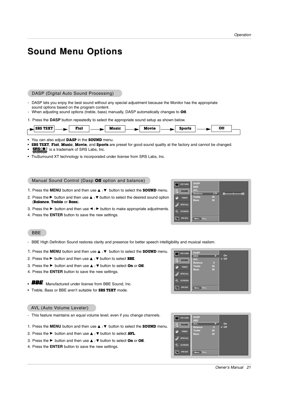 LG Electronics MW 71PY10 owner manual Sound Menu Options, Dasp Digital Auto Sound Processing, AVL Auto Volume Leveler 