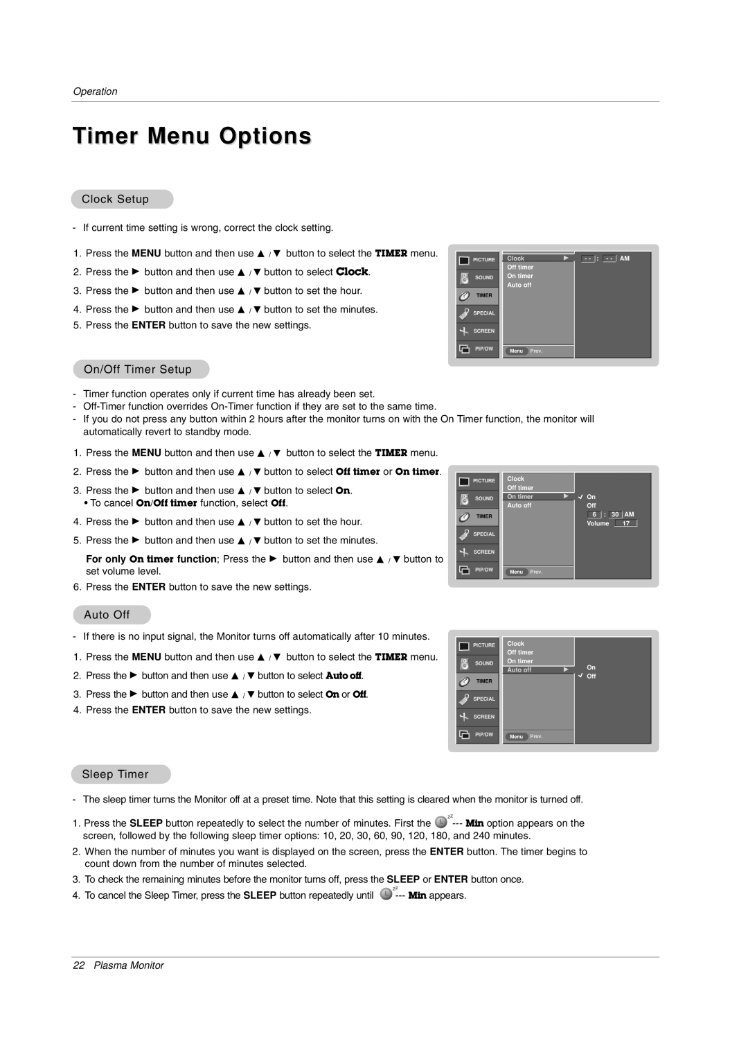 LG Electronics MW 71PY10 owner manual Timer Menu Options, Clock Setup, On/Off Timer Setup, Auto Off, Sleep Timer 