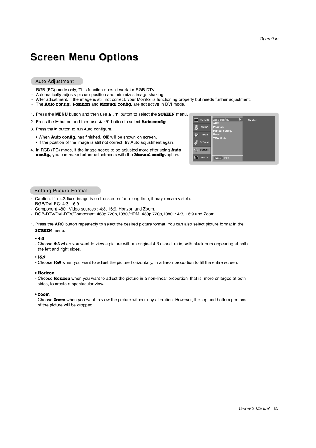 LG Electronics MW 71PY10 owner manual Screen Menu Options, Auto Adjustment, Setting Picture Format 