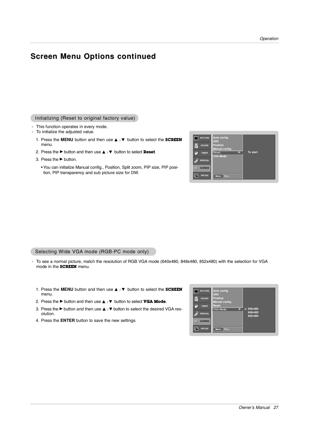 LG Electronics MW 71PY10 Initializing Reset to original factory value, Selecting Wide VGA mode RGB-PC mode only 