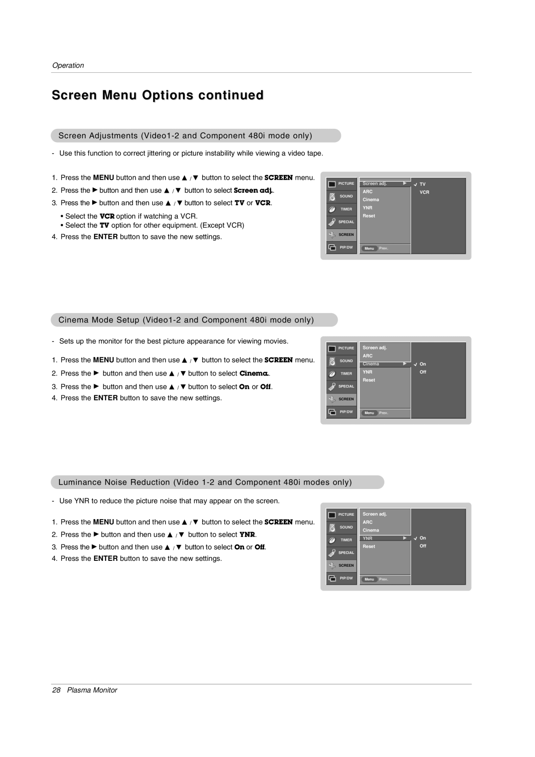 LG Electronics MW 71PY10 owner manual Screen Adjustments Video1-2 and Component 480i mode only 