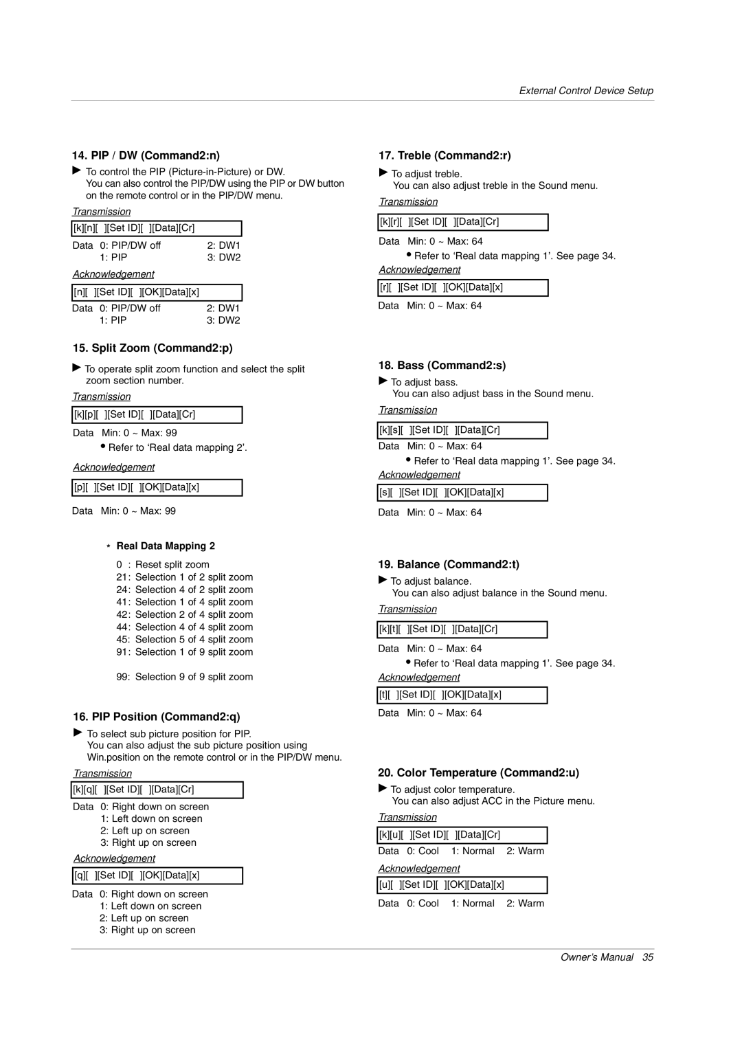 LG Electronics MW 71PY10 owner manual PIP / DW Command2n, Split Zoom Command2p, PIP Position Command2q, Treble Command2r 