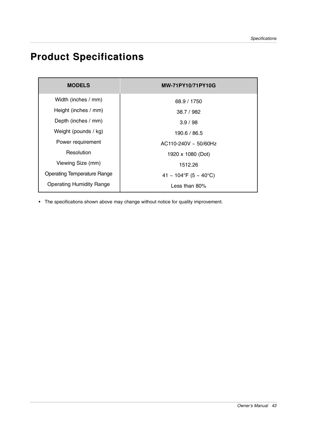 LG Electronics MW 71PY10 owner manual Product Specifications, Operating Temperature Range 