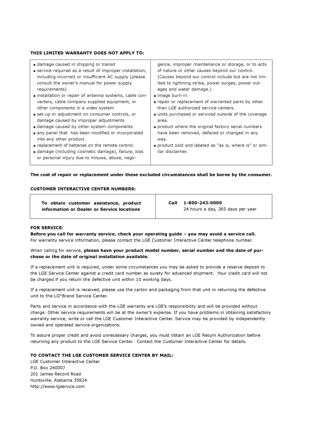 LG Electronics MW 71PY10 owner manual To Contact the LGE Customer Service Center by Mail 