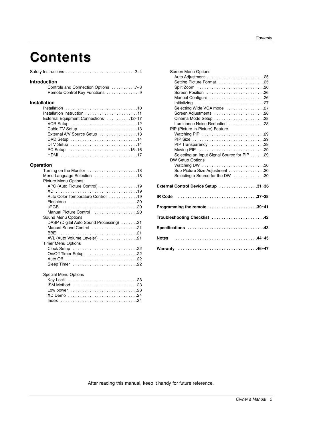 LG Electronics MW 71PY10 owner manual Contents 