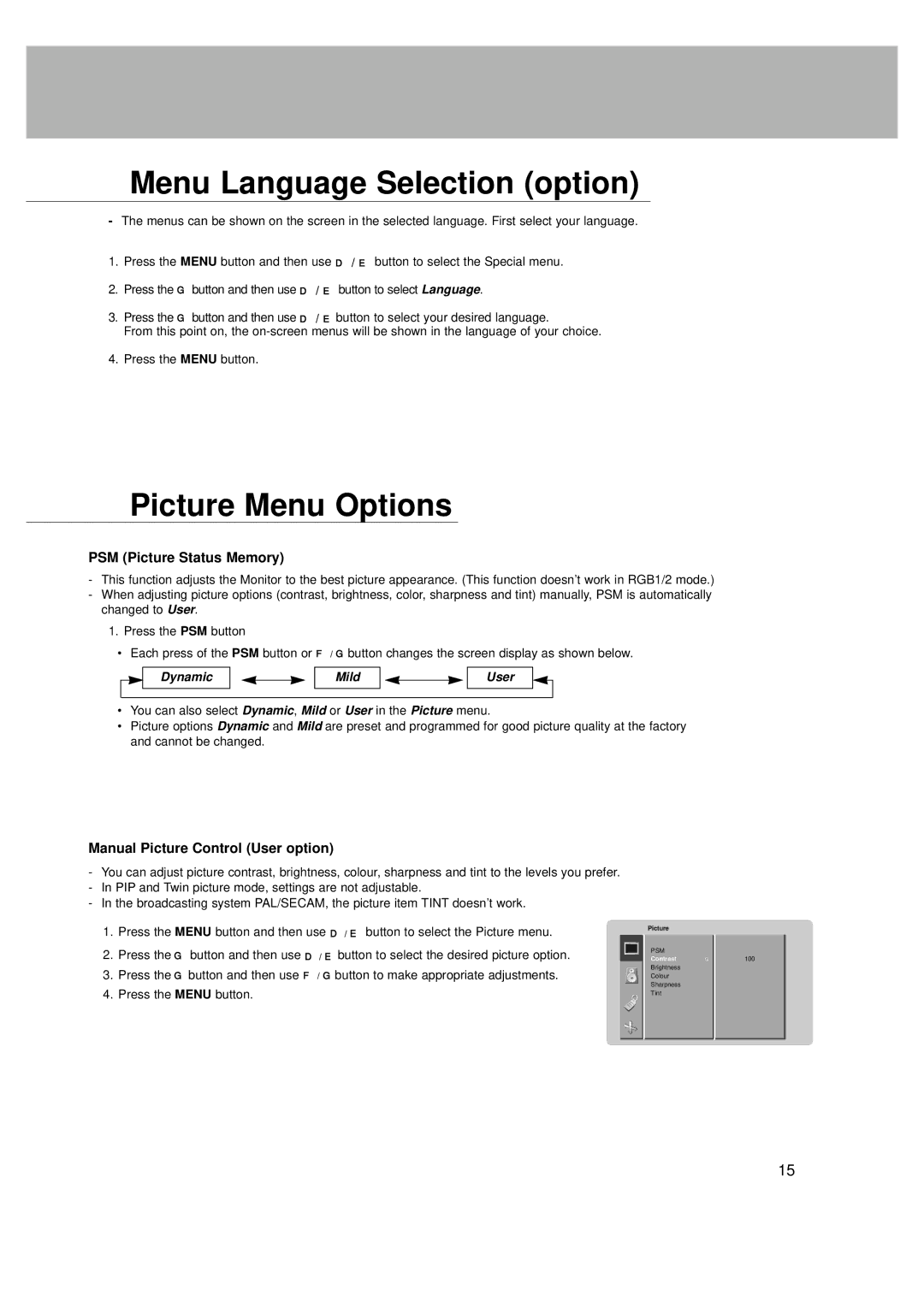 LG Electronics MT-42PZ41M, MZ-42PZ42V Menu Language Selection option, Picture Menu Options, PSM Picture Status Memory 